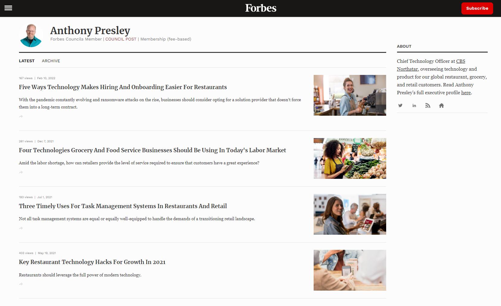a screenshot of anthony presley forbes author page