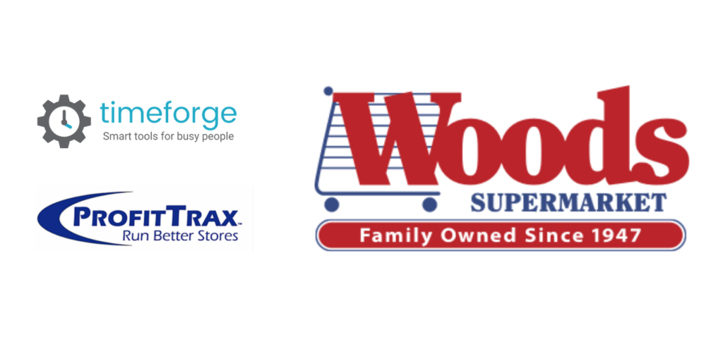 the Woods logo, TimeForge logo, and ProfitTrax logo side by side