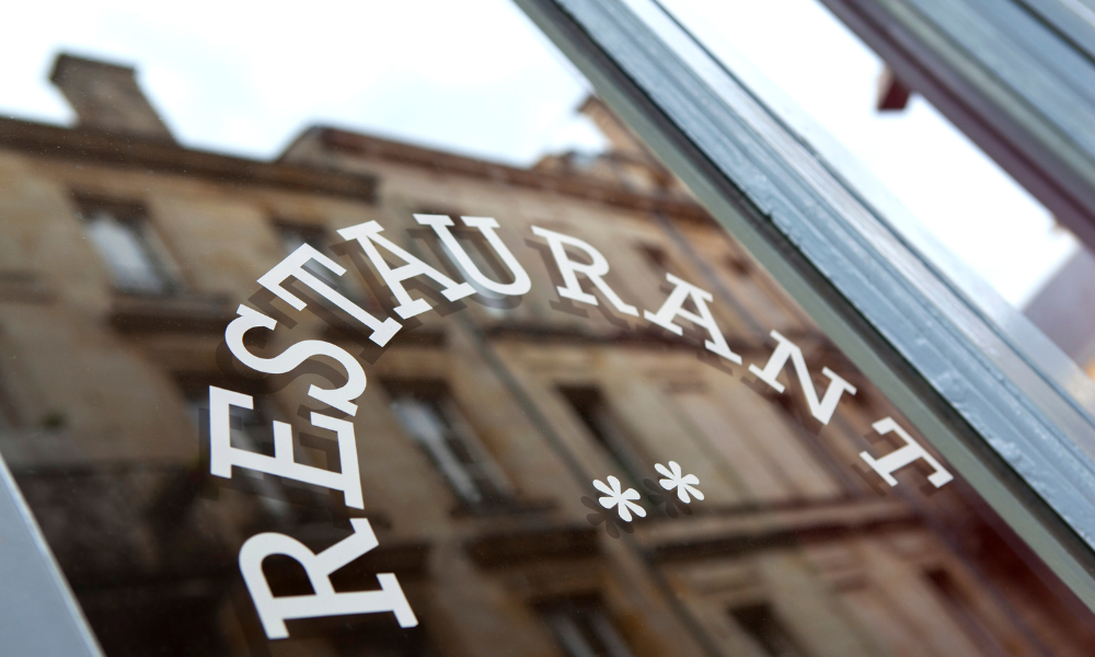 Restaurant window up close.
