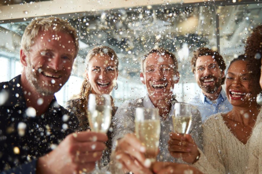 Group of cheerful coworkers celebrating together with champagne and confetti in the air, smiling and raising glasses during an office party.