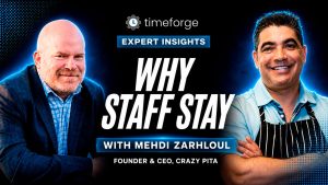 Expert Insights YouTube thumbnail featuring Anthony Presley interviewing Mehdi Zarhloul, Founder & CEO of Crazy Pita. The thumbnail displays the headline "Why Staff Stay" and highlights a discussion about restaurant culture, employee retention, leadership, and building teams that stay.