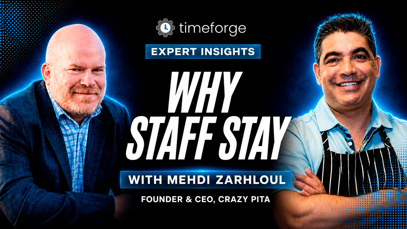 Expert Insights YouTube thumbnail featuring Anthony Presley interviewing Mehdi Zarhloul, Founder & CEO of Crazy Pita. The thumbnail displays the headline "Why Staff Stay" and highlights a discussion about restaurant culture, employee retention, leadership, and building teams that stay.