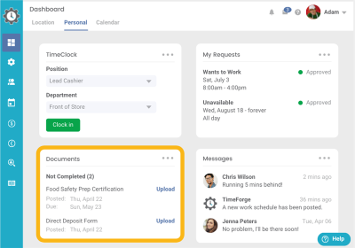 Screenshot of the TimeForge dashboard showing online document storage.