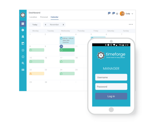 a screenshot of the timeforge dashboard showing schedule and attendance entries in calendar format with a mobile app in front of that